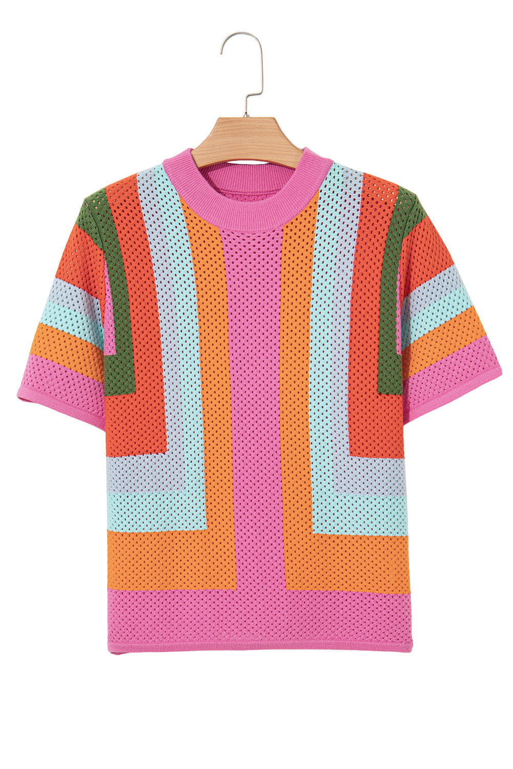 Orange Colour Block Eyelet Casual Knit T-Shirt eAura