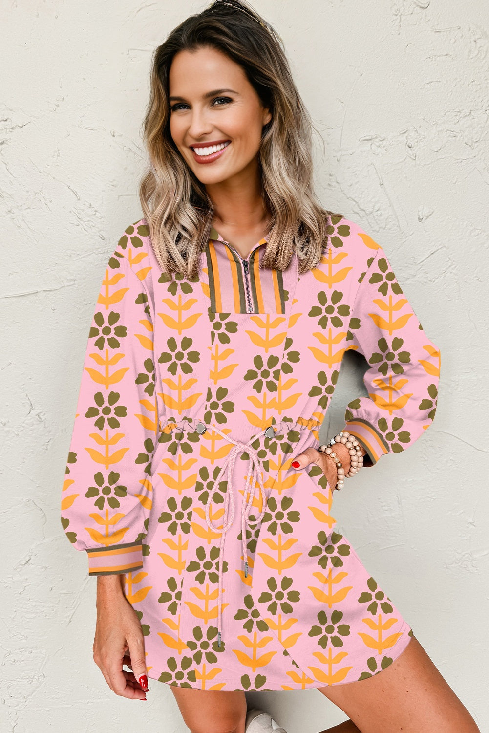 Pink Floral Print Zip Neck Striped Patchwork Long Sleeve Drawstring Dress eAura