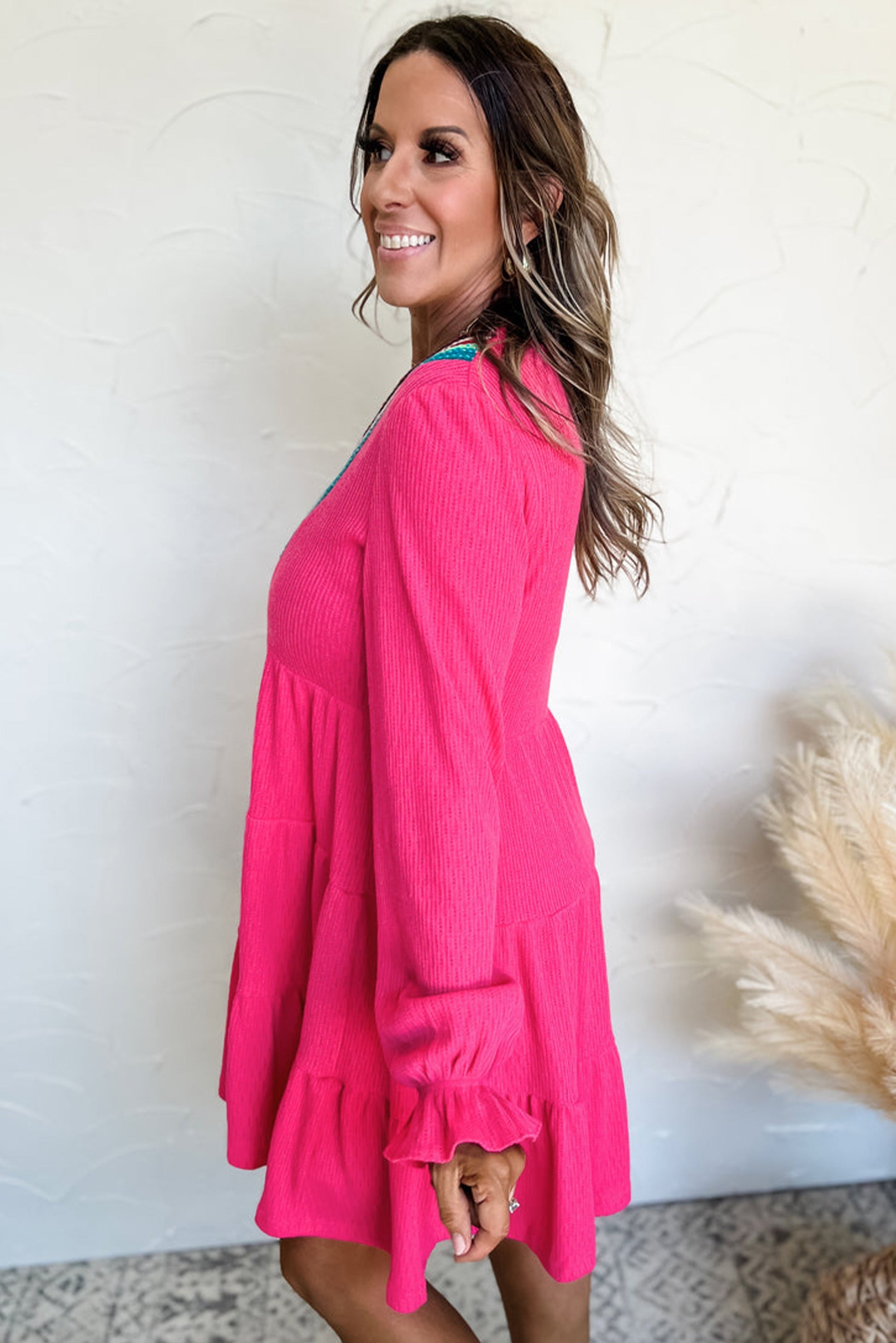 Rose Red Colourful Crochet V Neck Textured Tiered Ruffled Long Sleeve Mini Dress eAura