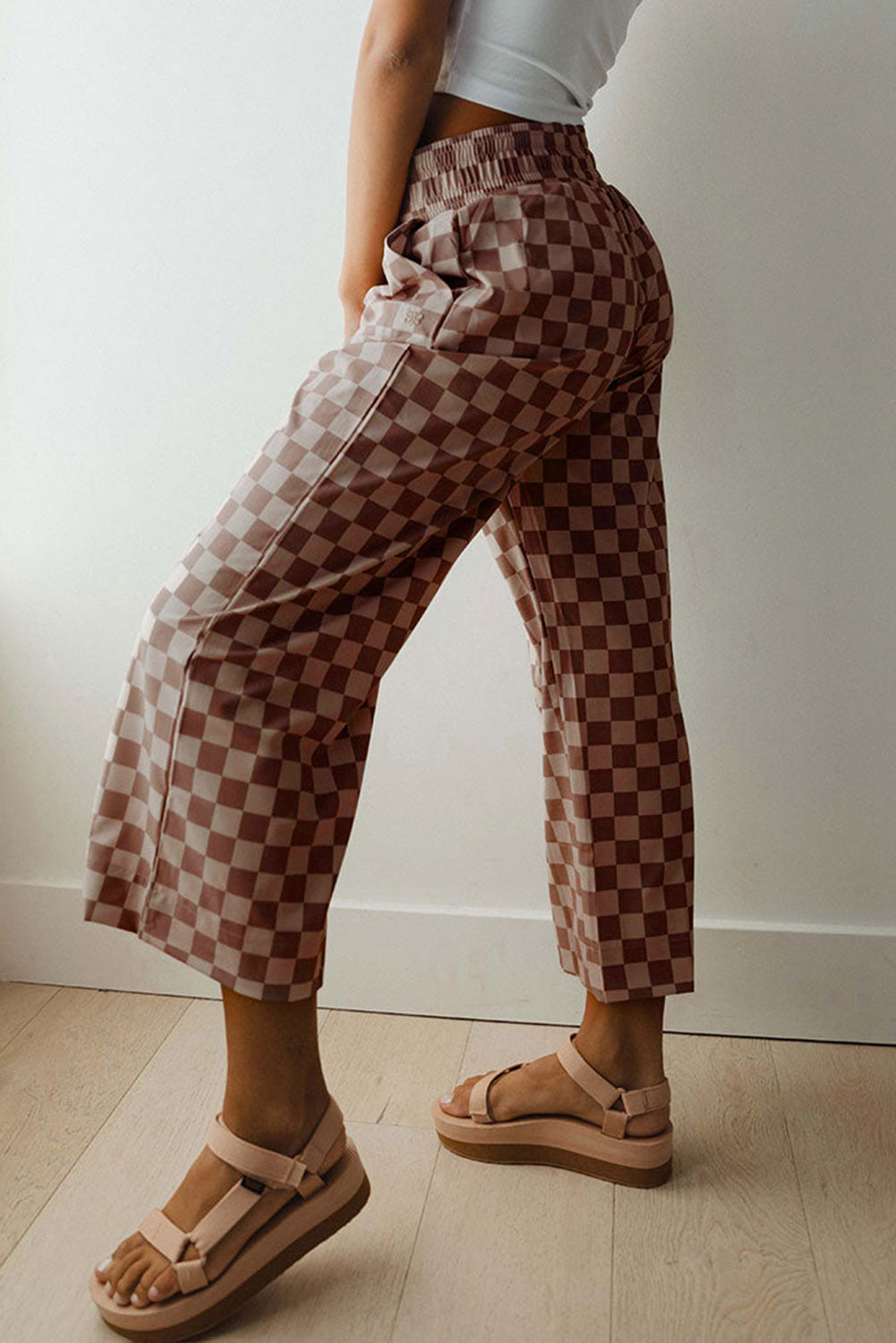 Checkered Elastic High Waist Loose Casual Trousers eAura
