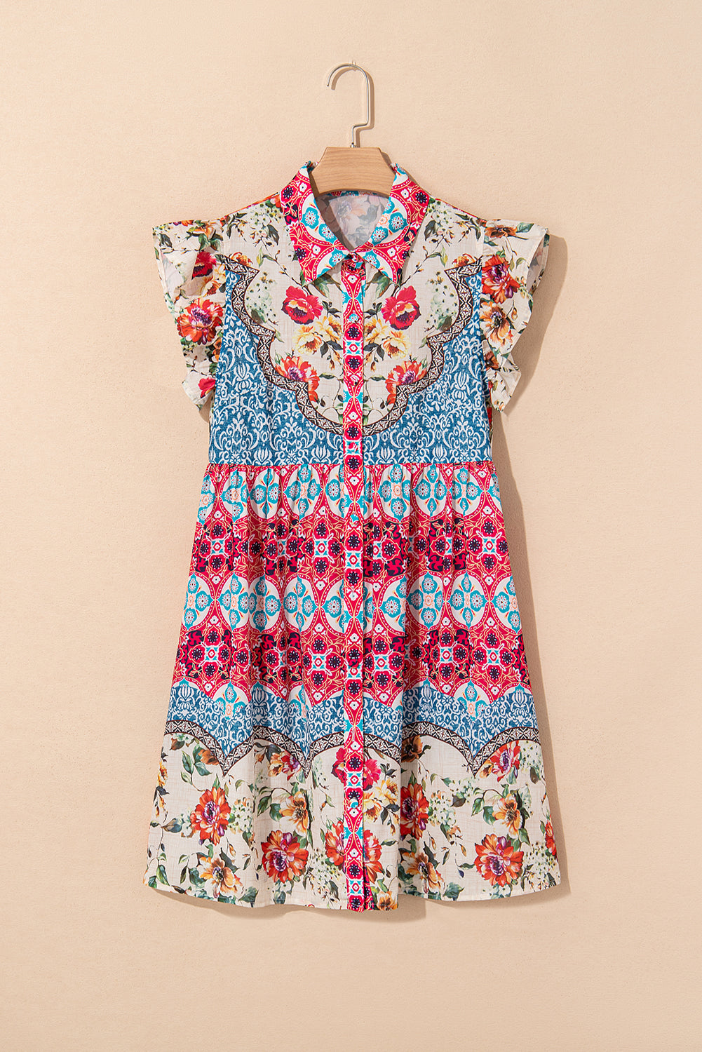 Rose Floral Mixed Pattern Ruffle Flutter Sleeve Buttoned Dress eAura