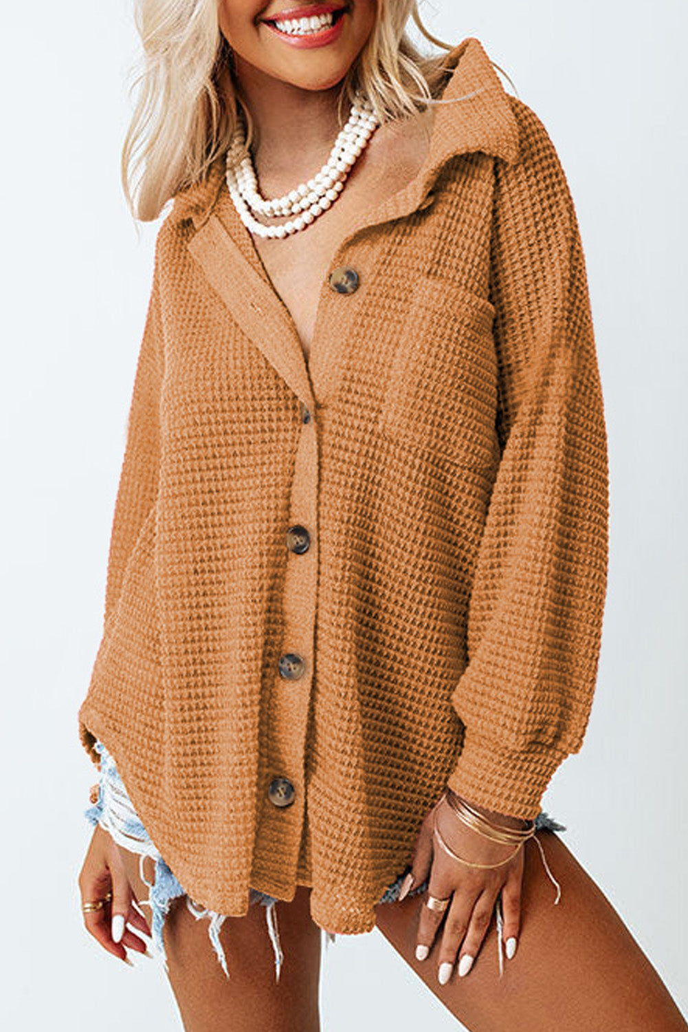 Pink Waffle Knit Button Up Casual Shirt eAura