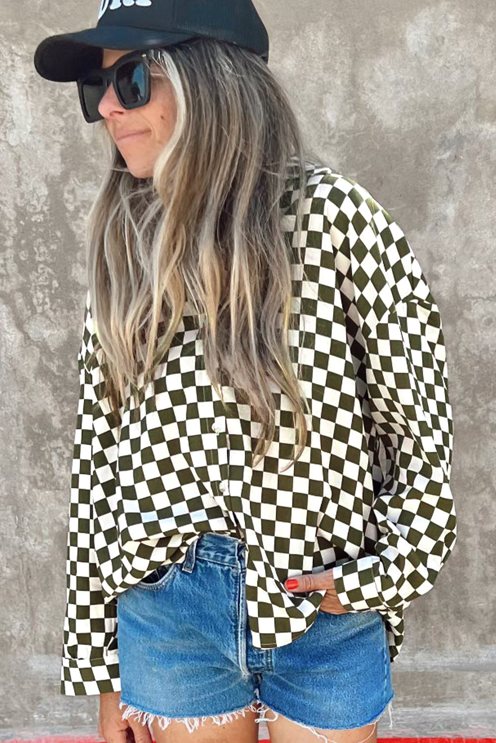 Green Checkerboard Printed Drop Shoulder Loose Casual Shirt eAura