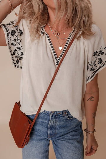 White Floral Embroidered Short Sleeve V Neck Blouse eAura