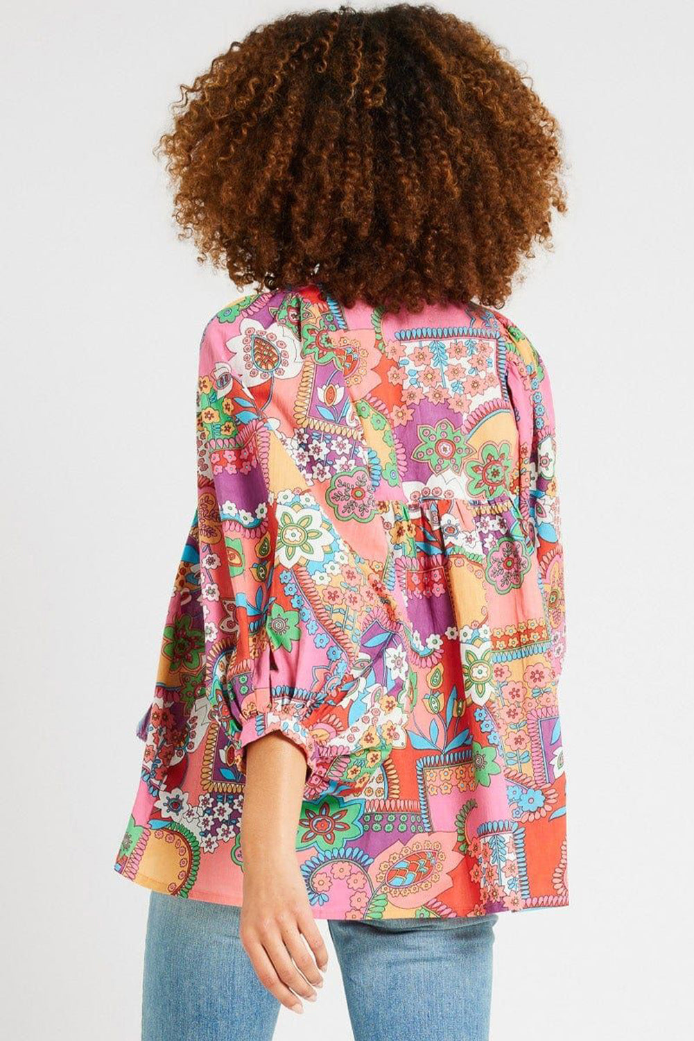 Multicolour Boho Floral Bubble Sleeve Tassel Tied Neck Pleated Blouse eAura