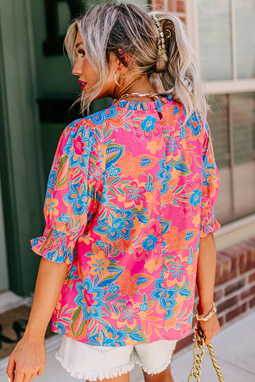 Rose Frilly Mock Neck Short Puff Sleeve Floral Blouse eAura