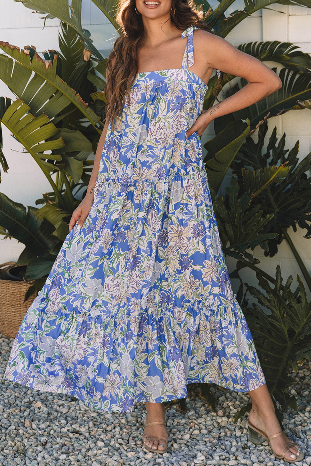 Sky Blue Floral Print Self-tie Straps Flowy Ruffle Long Dress eAura
