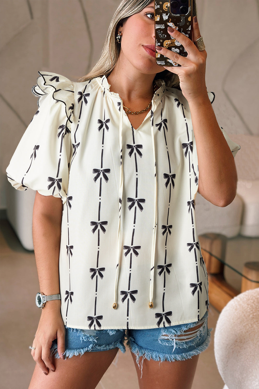 Beige Bow Printed Ruffled Bubble Sleeve Tied Notched V Neck Blouse eAura