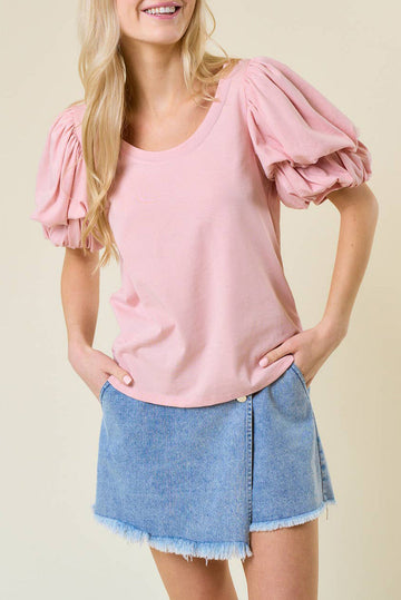 Light Pink Scoop Neck Bubble Sleeve Tee eAura