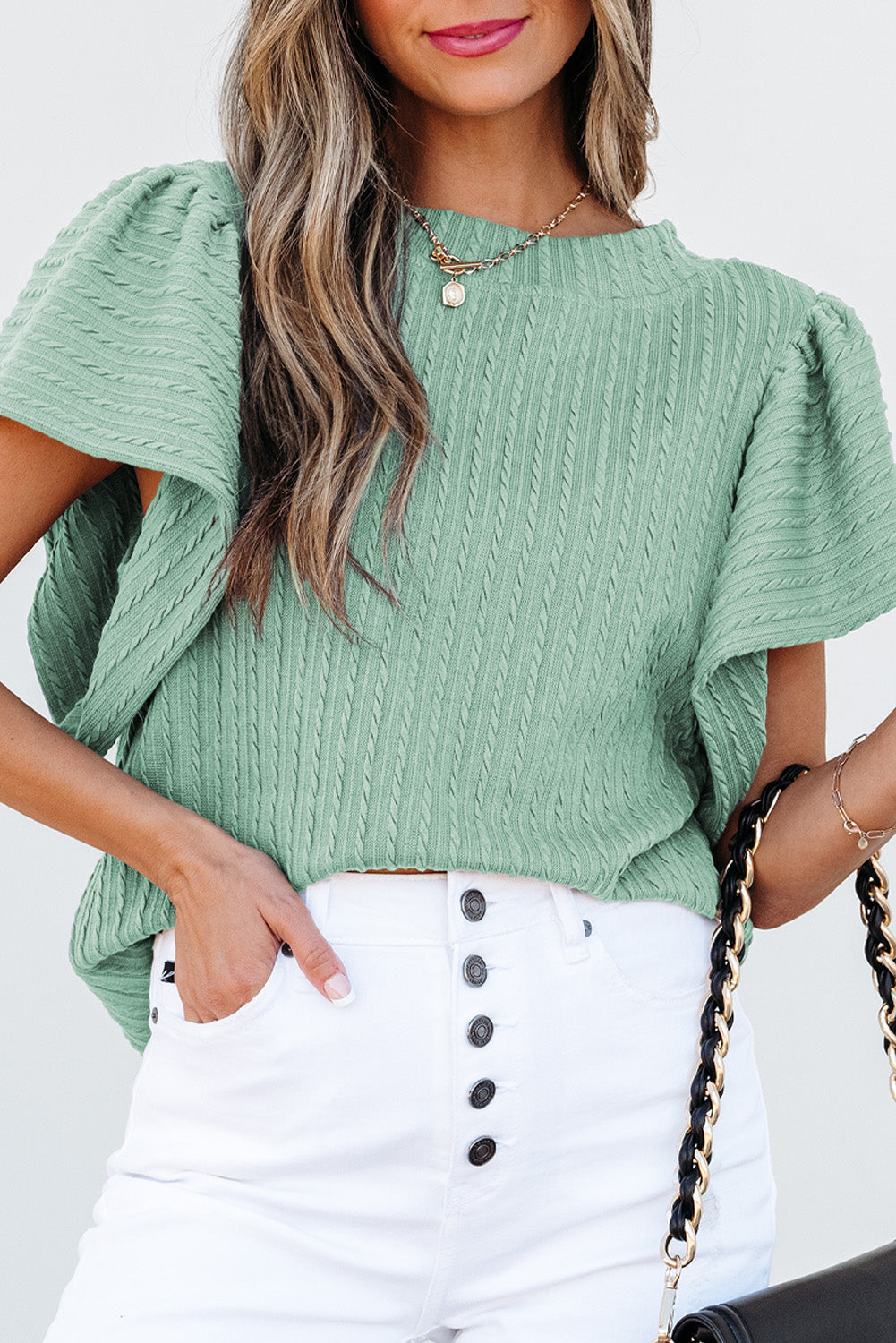Moonlight Jade Solid Colour Textured Flutter Sleeve Top eAura