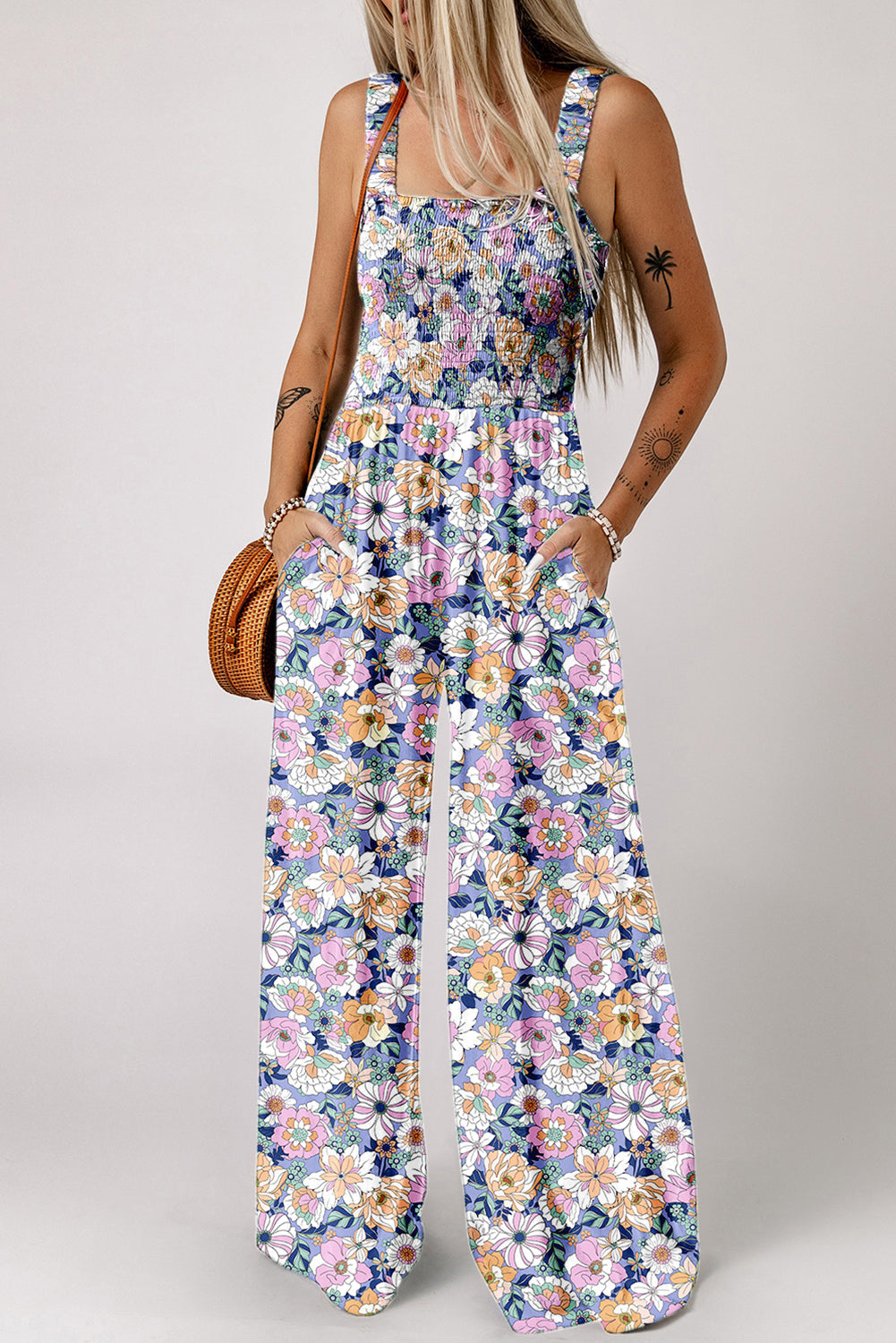Floral Print Smocked High Waist Square Neck Jumpsuit eAura