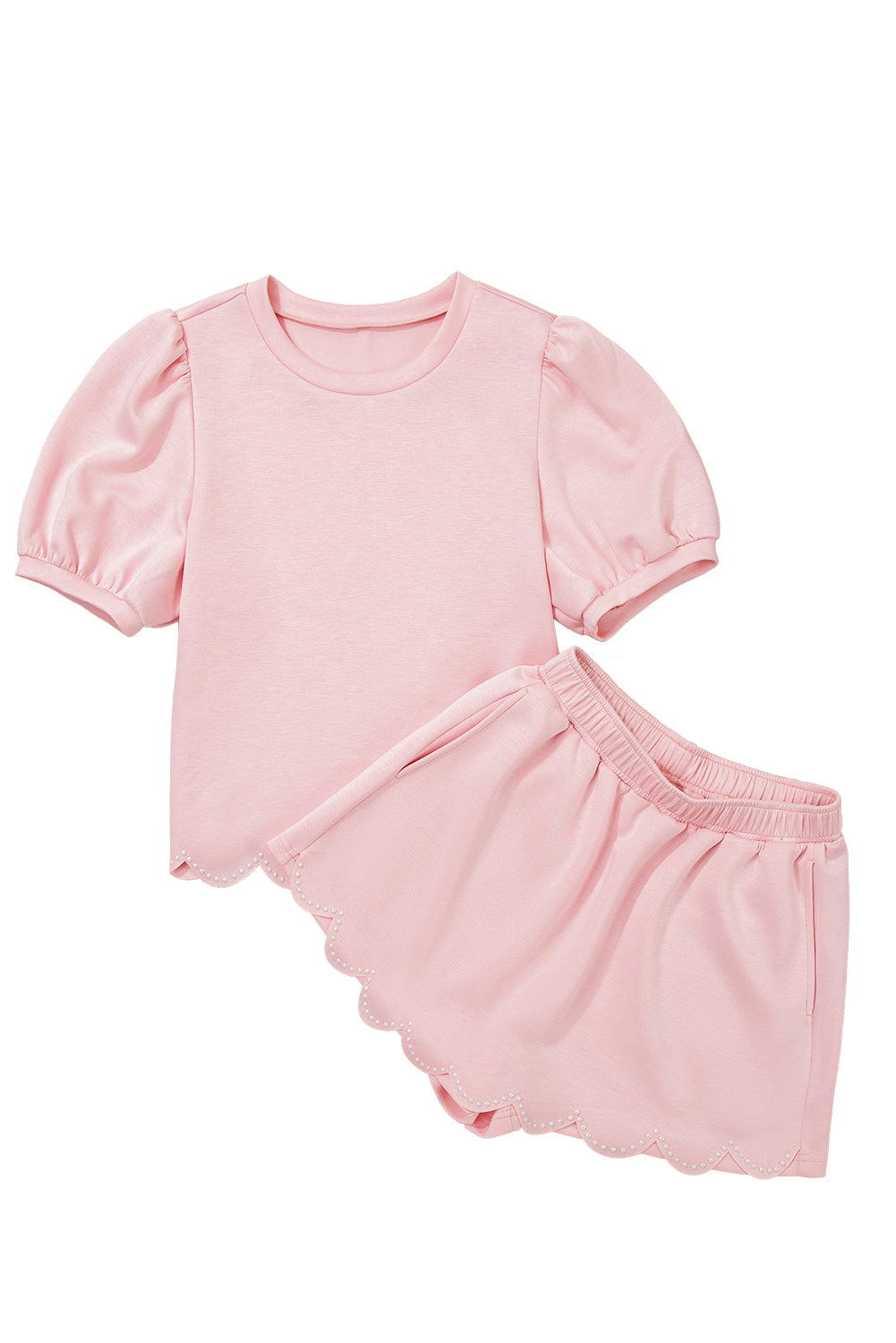 Puff Sleeve Pearl Embellished Scallop Trim Top 2 Piece Skort Co-ord Set eAura