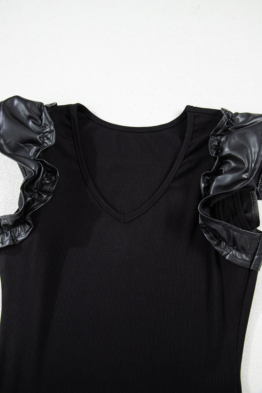 Black Leatherette Ruffle Patchwork Ribbed V Neck Bodysuit eAura