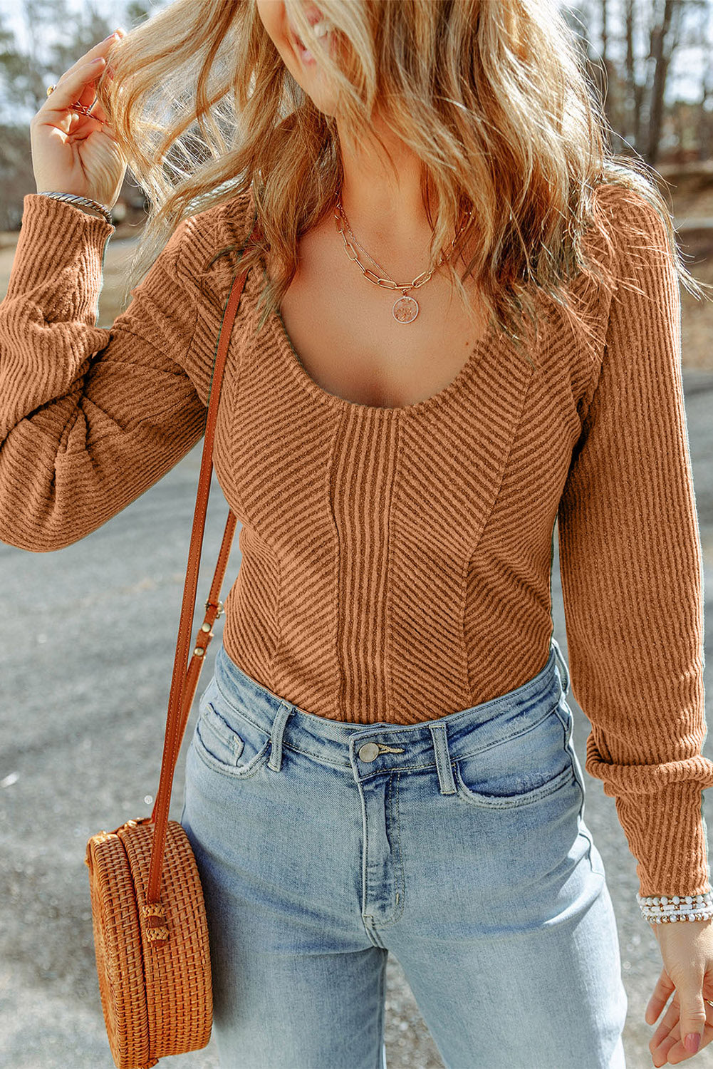 Rose U Neck Textured Long Sleeve Top eAura