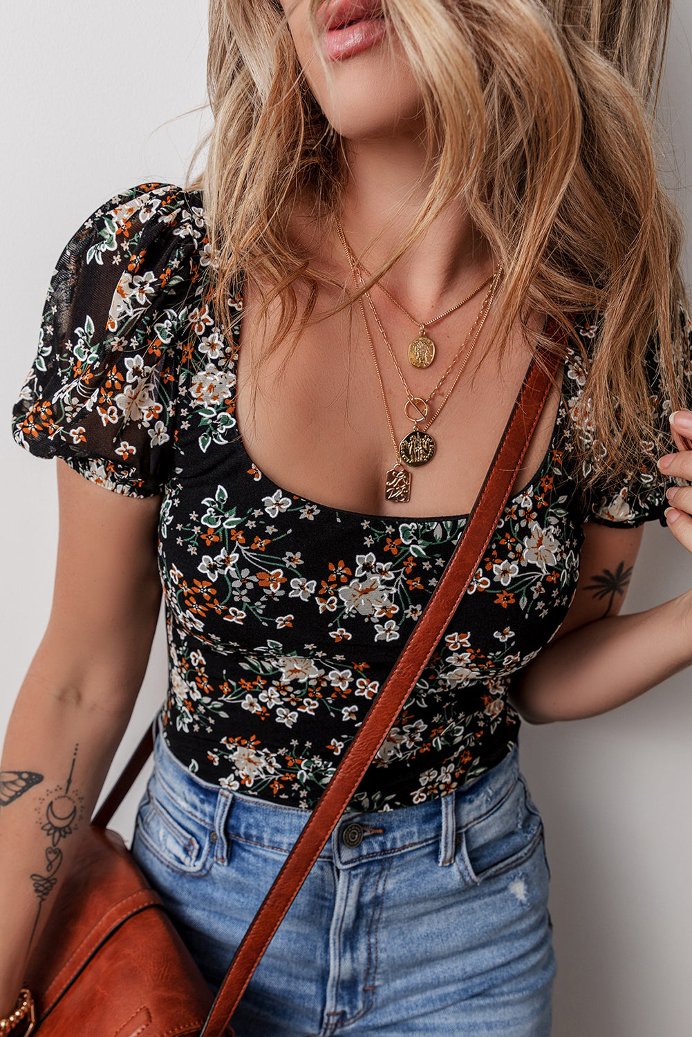 Black Floral Print U Neck Short Puff Sleeve Bodysuit eAura