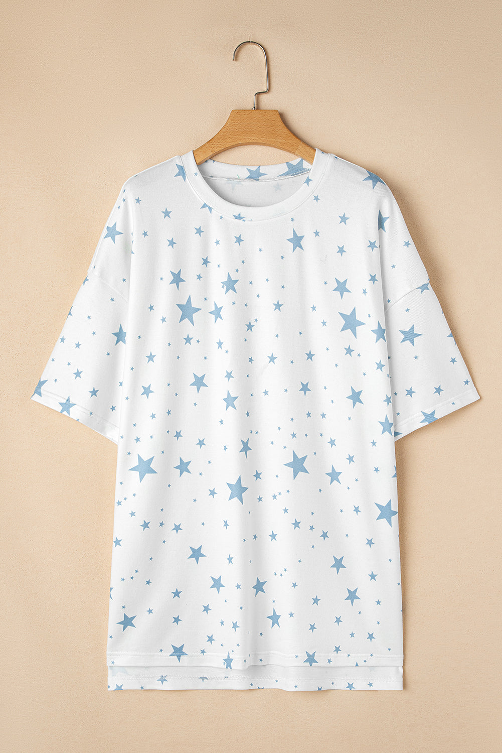 Blue Stars Print Drop Shoulder Oversized T Shirt with Slits eAura