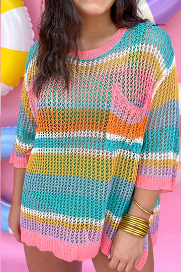 Pink Stripe Plus Size Open Knit Patch Pocket Short Sleeve Sweater BB Fashion Outlet