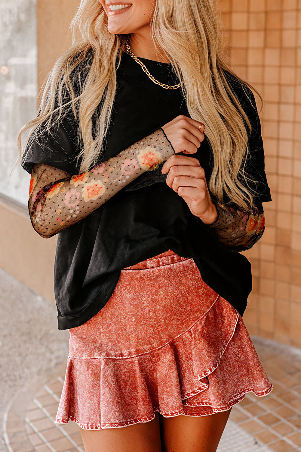 Black Faux Two Piece Floral Long Sleeve Patchwork Tee eAura