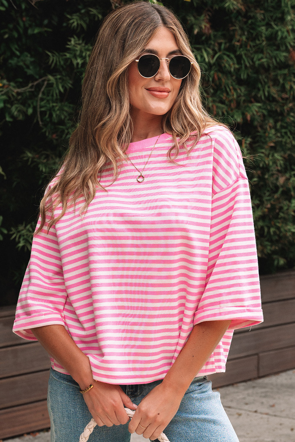 Pink Stripe Bowknot Cutout Back Drop Shoulder Wide Bracelet Sleeve Loose Tee eAura