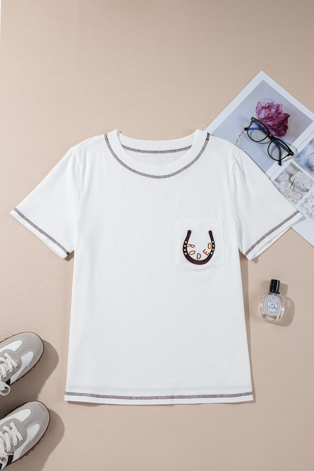 Apricot RODEO Horseshoe Embroidered Patch Pocket T Shirt eAura