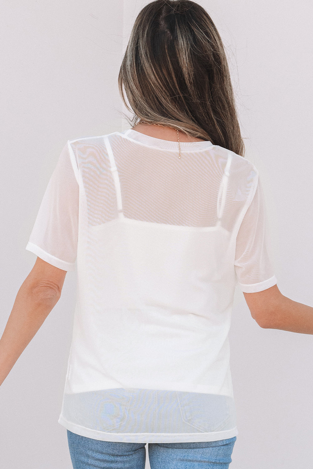 White Solid Colour Sheer Mesh Patchwork Short Sleeve Top eAura