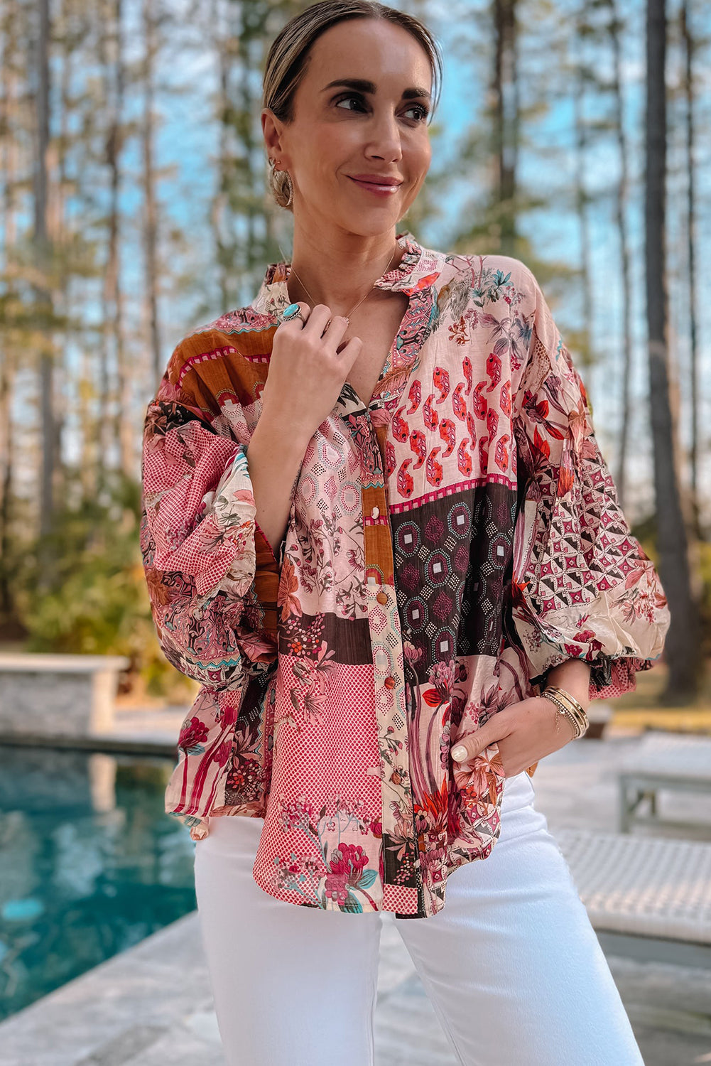 Red Boho Geometric Mixed Print Patchwork Bubble Sleeve Shirt eAura