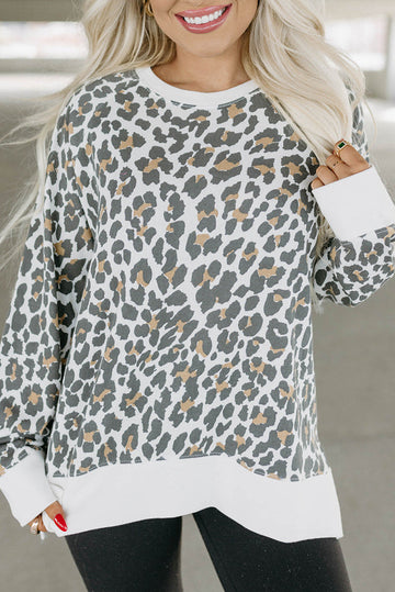 White Printed Solid Trim Leopard Print Top eAura