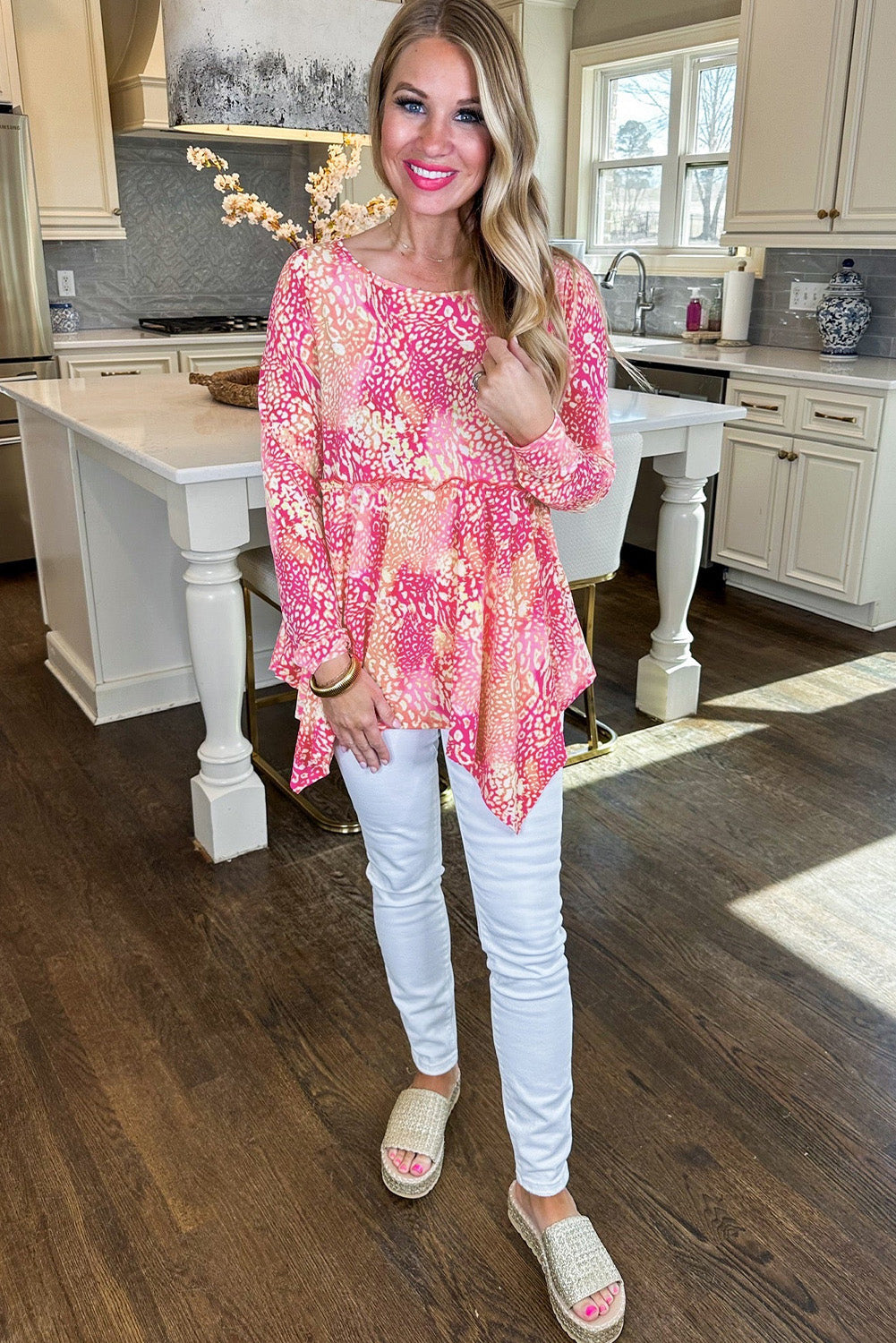 Rose Classic Leopard Print Handkerchief Hem Tunic Top eAura