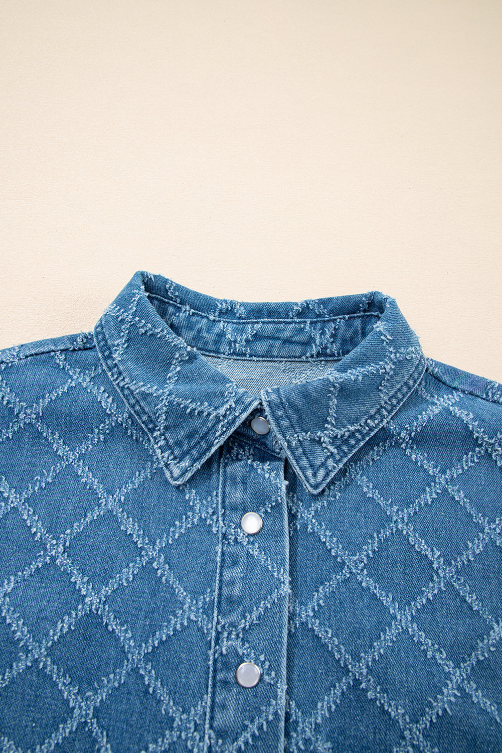 Dusk Blue Checkered Textured Short Sleeve Patched Pocket Denim Shirt eAura
