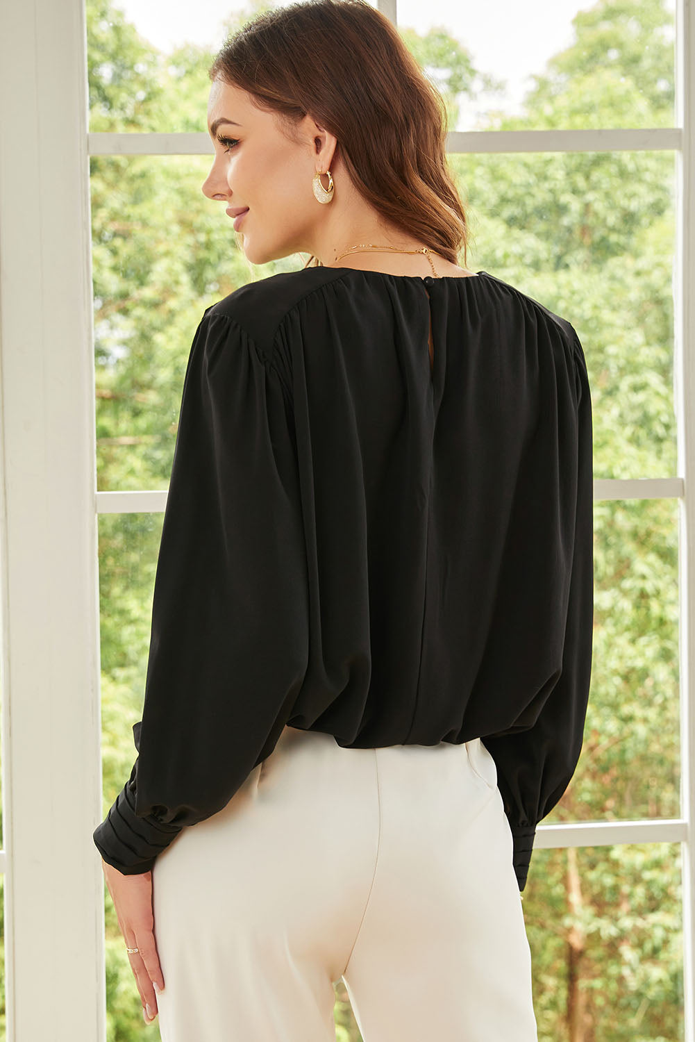 Black Padded Shoulder Buttoned Cuffs Pleated Loose Blouse eAura