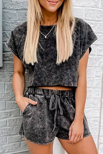 Black Acid Washed Short Lounge Set eAura