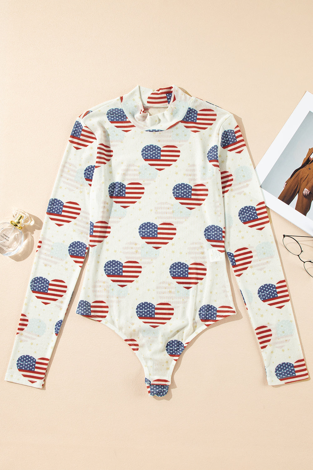 White Americana Glitter Mesh Long Sleeve Bodysuit eAura