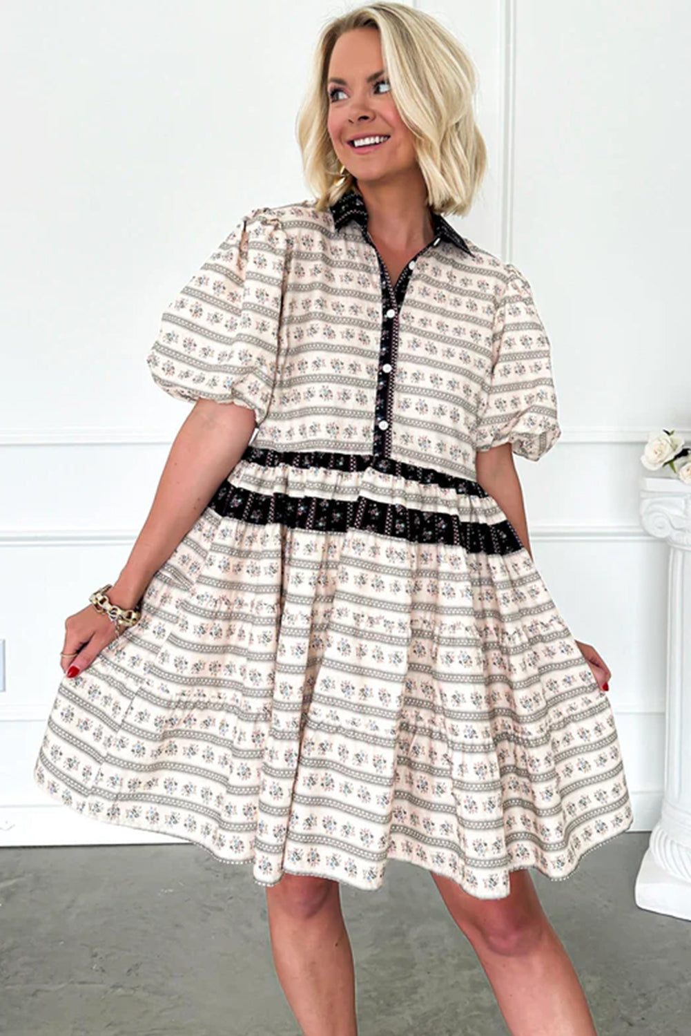 Black Boho Floral Striped Contrast Trim Bubble Sleeve Flared Dress eAura