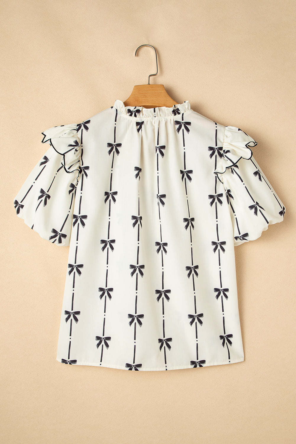 Beige Bow Printed Ruffled Bubble Sleeve Tied Notched V Neck Blouse eAura