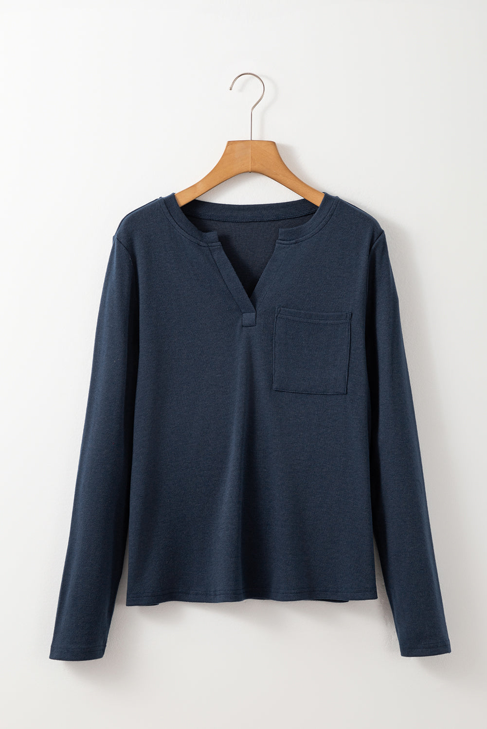 Dirty blue Notch V Neck Pocket Patched Long Sleeve T Shirt eAura