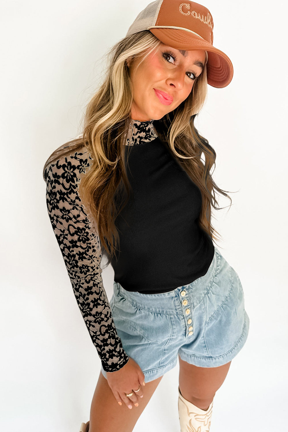 Black Floral Lace Patchwork Long Sleeve High Neck Slim Top eAura