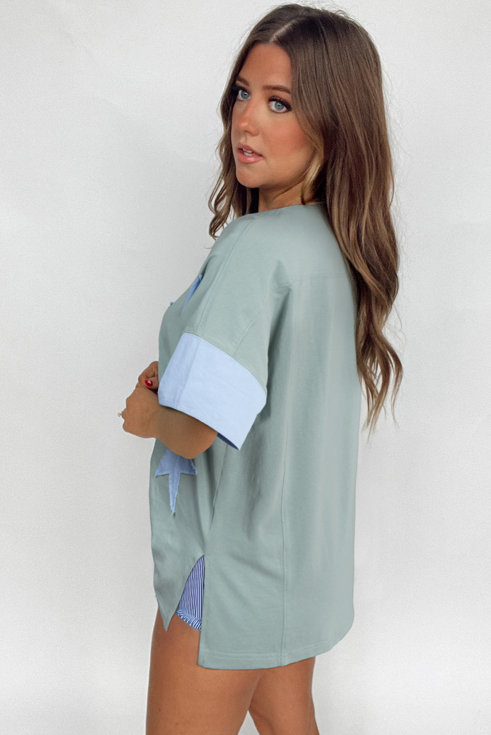 Green Frayed Star Patched Oversize T Shirt eAura