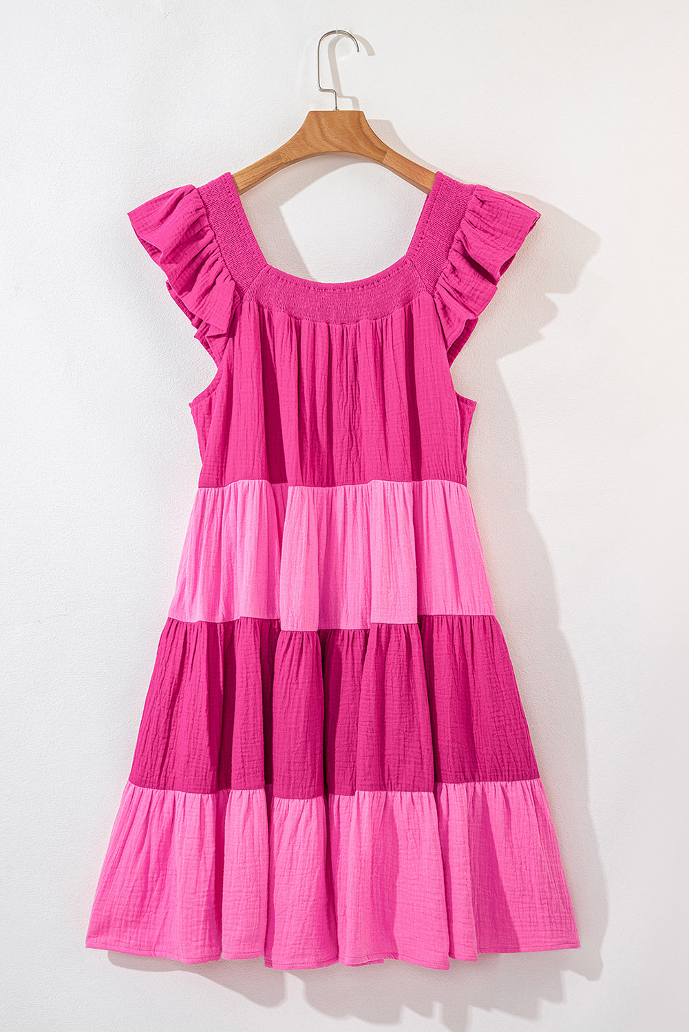 Pink Crinkled Colourblock Patchwork Flutter Tiered Mini Dress eAura