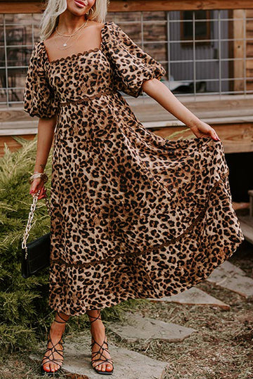 Brown Leopard Print Bubble Sleeve Square Neck Maxi Dress eAura