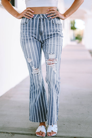 Sky Blue Vertical Striped Ripped Flare Jeans eAura