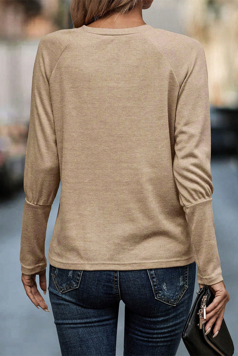 Pale Khaki Solid Ruched Raglan Sleeve Knit Top eAura