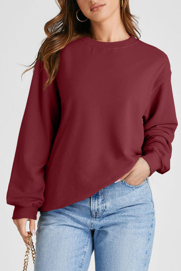 Burgundy Plain Drop Shoulder Crewneck Pullover Sweatshirt eAura