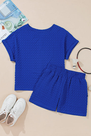 Sky Blue Jacquard Textured Buttoned Tee and Shorts Set eAura
