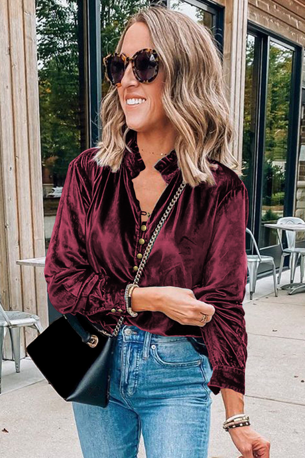 Burgundy Frilled Neck Buttoned Front Velvet Top eAura