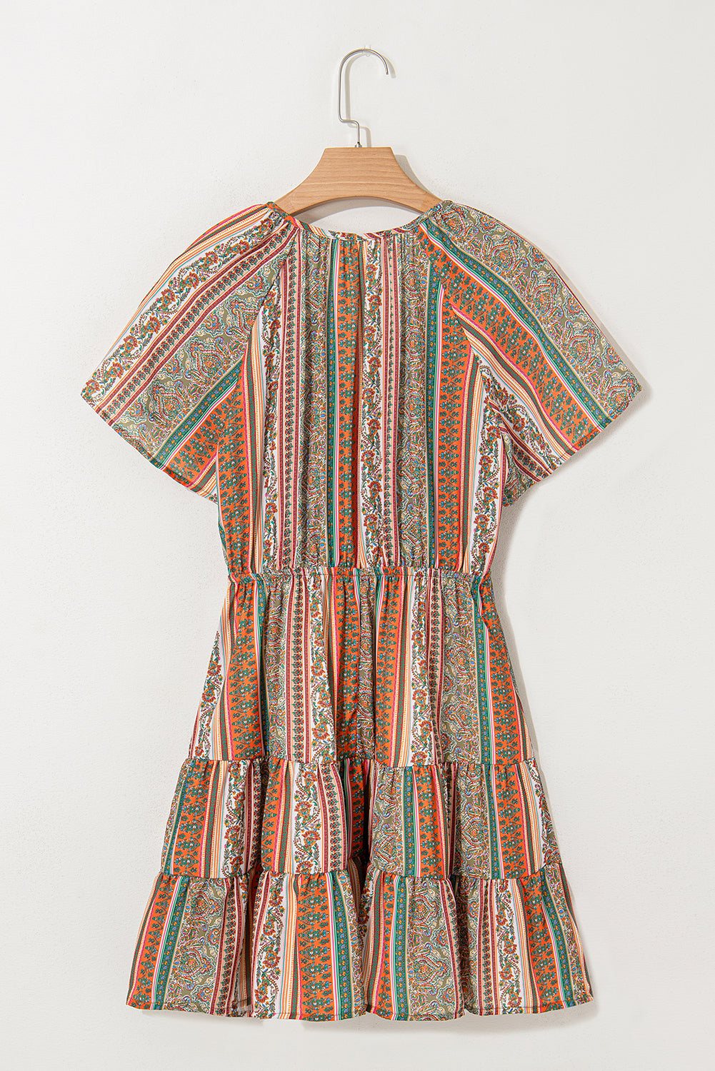 Red Bohemian Floral Print Buttoned V Neck Ruffle Tiered Dress eAura