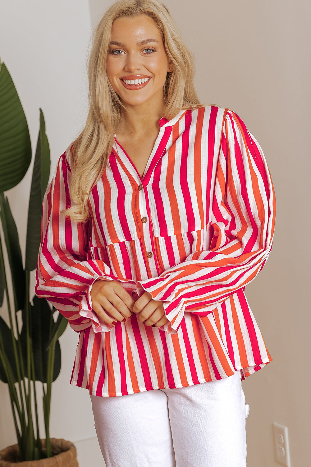 Orange Stripe Balloon Sleeve Notched V Neck Buttoned Front Blouse eAura