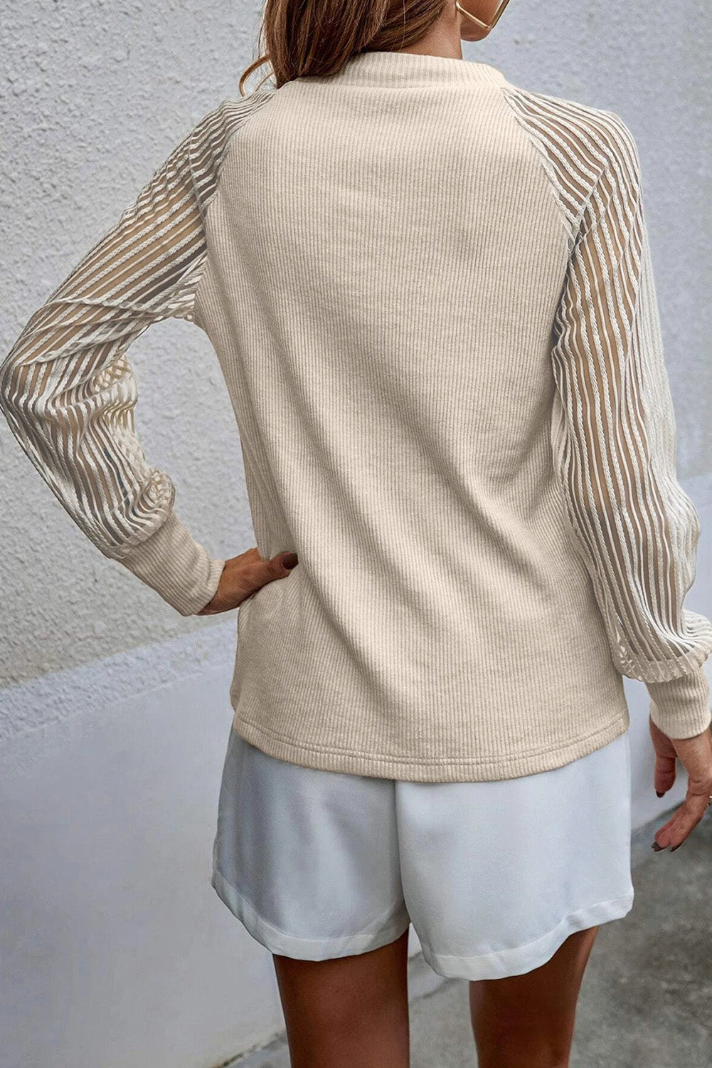 Apricot Striped Mesh Long Sleeve Crewneck Ribbed Top eAura