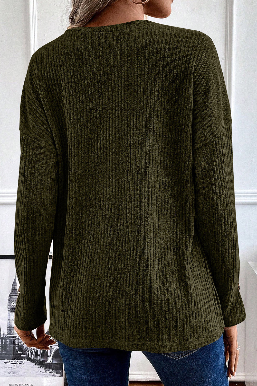 Jungle Green Rib Textured Henley Knit Top eAura