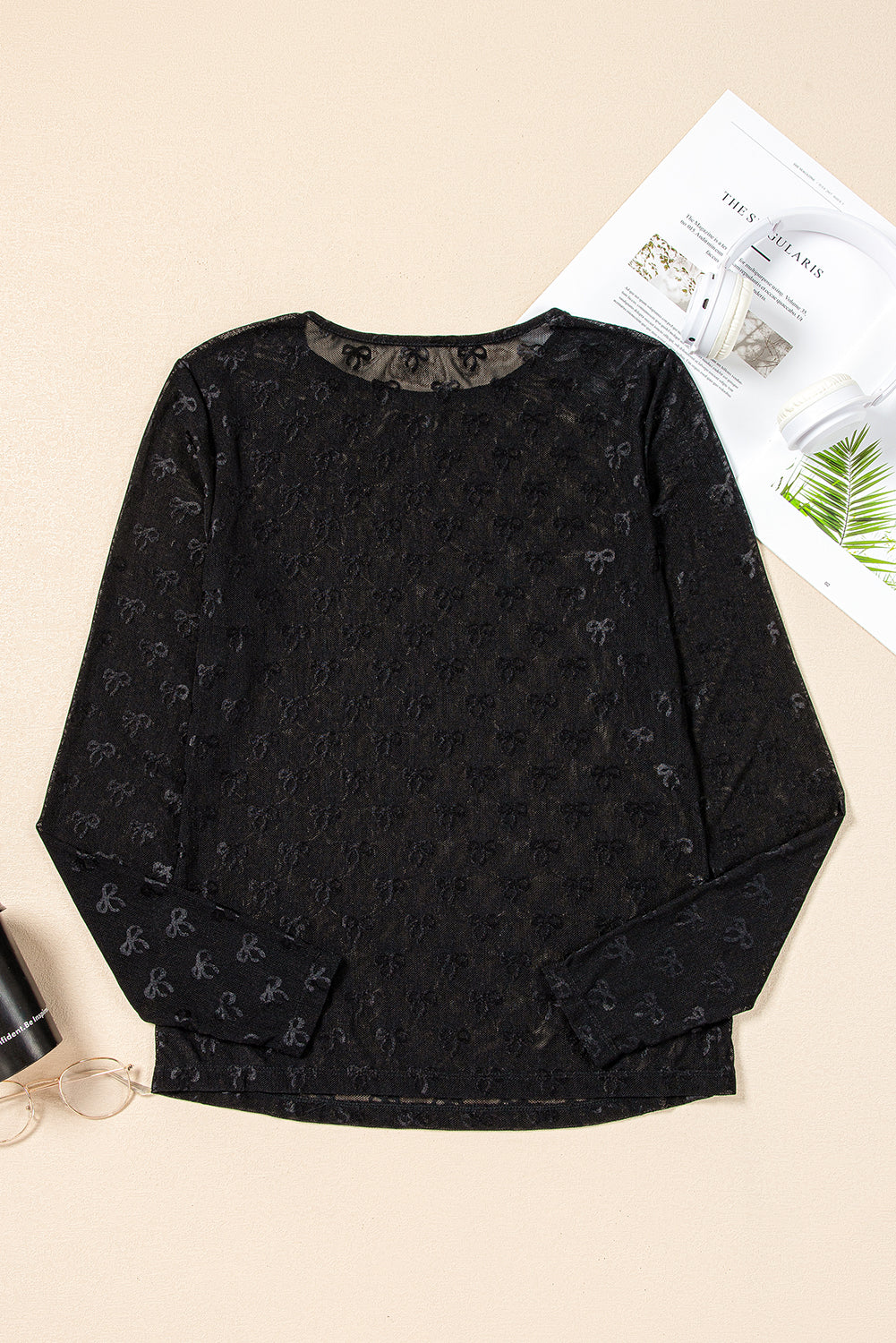 Black Mesh Bow Pattern Long Sleeve Top eAura