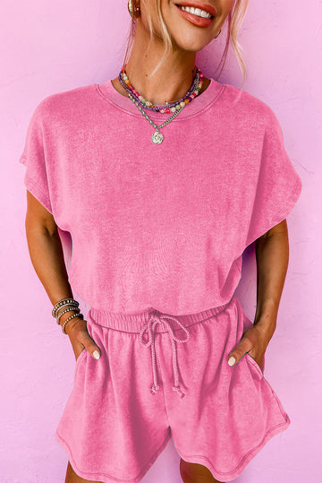 Mineral Wash Drawstring Waist Hollow Out Back Short Sleeve Romper eAura